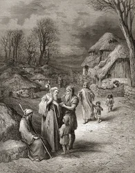 Pilgrimme bliver fodret af bønder, illustration fra 
